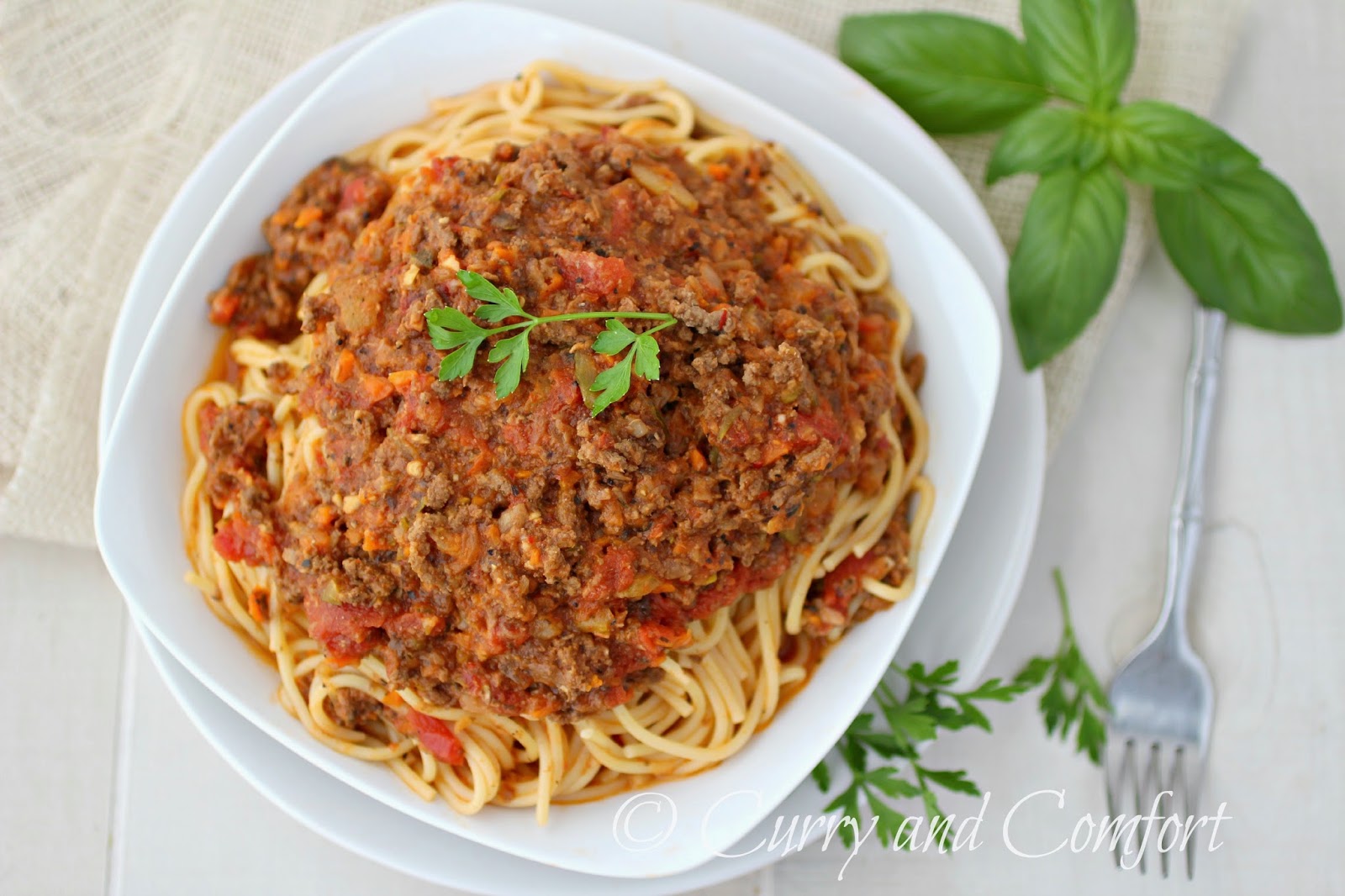   Beef and Mushroom Bolognese over Spaghetti Pasta 